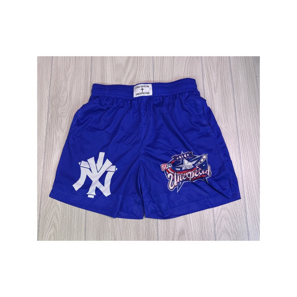 Unexpected Studios Jesus Loves You Blue Mesh Graphic Basketball Shorts Mens M